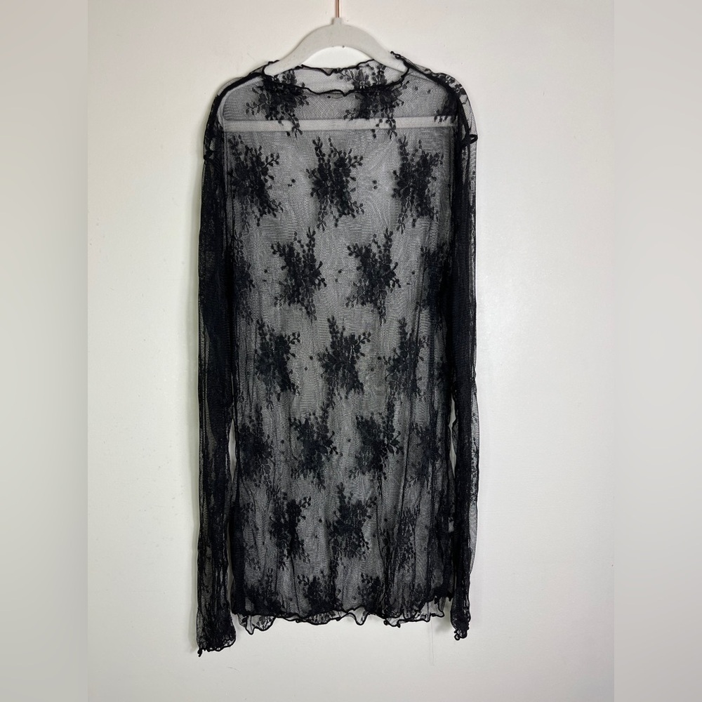 Sheer Mesh Floral Top Forest Fairy M Black Whimsigoth Lace Y2K Grunge Club Layer - Picture 8 of 9